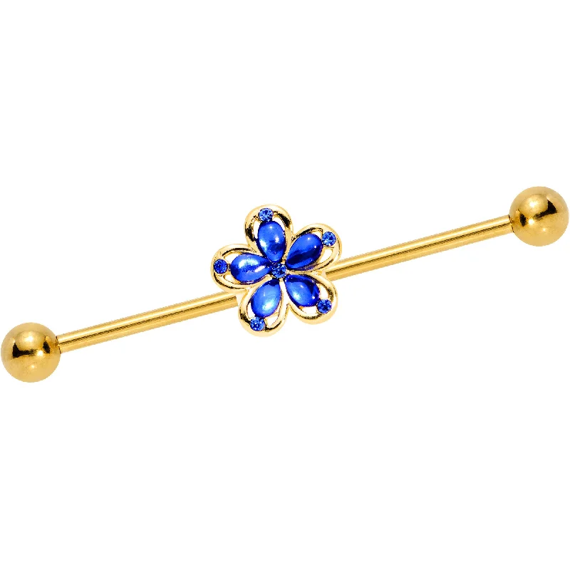 Women's Earrings – Elegant Designs for Every Personality--Blue Gem Gold PVD Zinnia Flower Dangle Industrial Barbell 38mm Women's Earrings – Elegant Designs for Every Personality--Blue Gem Gold PVD Zinnia Flower Dangle Industrial Barbell 38mm