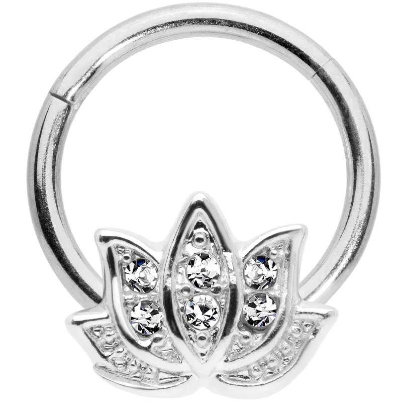 Custom Nose Rings -16 Gauge 3/8 Clear Gem Lotus Flower Hinged Segment Ring