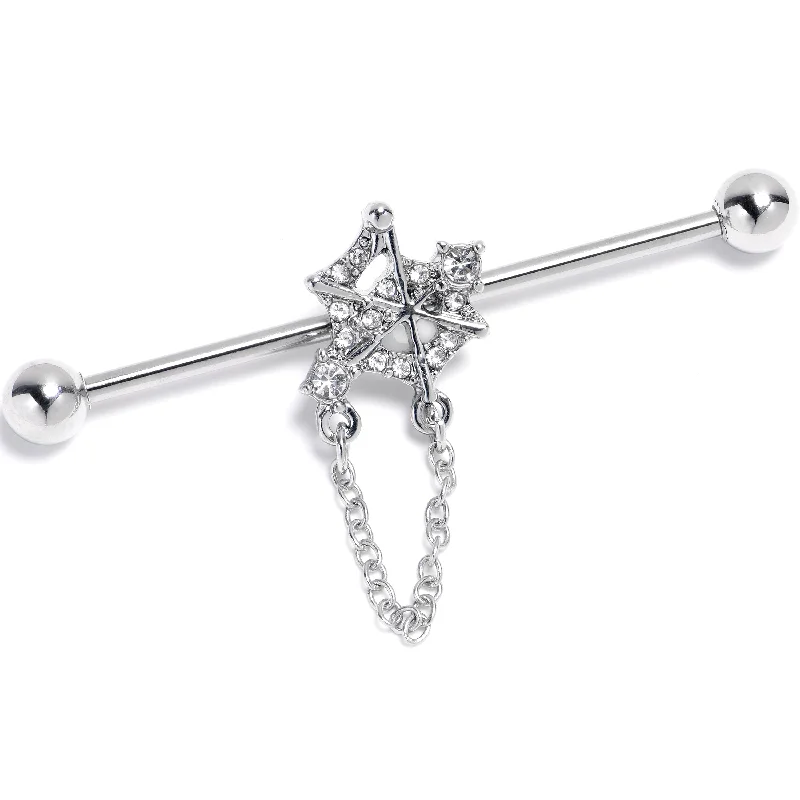 Women's Earrings – Elegant Designs for Every Personality--14 Gauge Clear Gem Spiderweb Chain Dangle Industrial Barbell 38mm