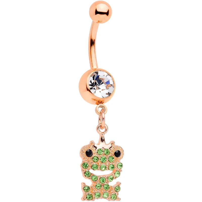 Comfortable Belly Rings with Adjustable Design -Clear Green Gem Rose Gold Tone Royal Frog Dangle Belly Ring Comfortable Belly Rings with Adjustable Design -Clear Green Gem Rose Gold Tone Royal Frog Dangle Belly Ring