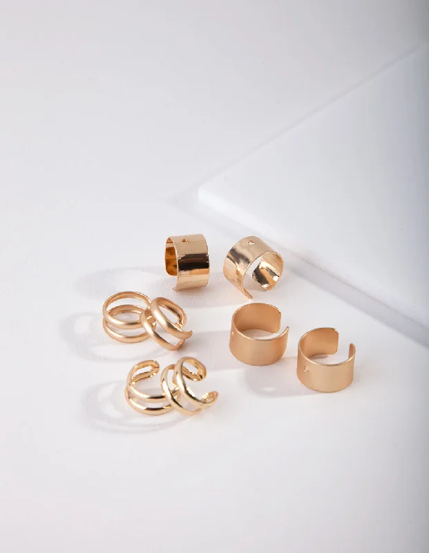 Women's Earrings – Elegant Designs for Every Personality--Gold Mixed Texture Ear Cuff 8-Pack
