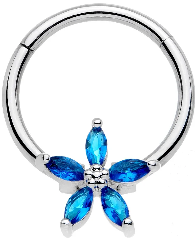 Nose Rings with Sparkling Stones -16 Gauge 3/8 Blue Gem Royal Flower Hinged Segment Ring