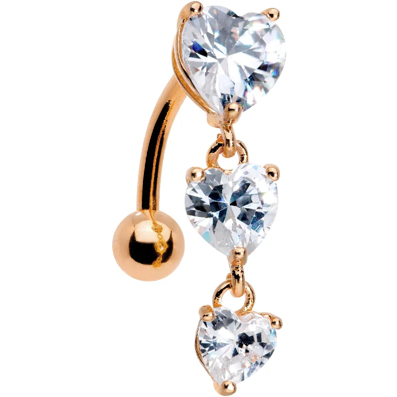 Elegant Belly Rings for Timeless Fashion -Clear CZ Gem Rose Gold Plated Tri Heart Top Mount Dangle Belly Ring Elegant Belly Rings for Timeless Fashion -Clear CZ Gem Rose Gold Plated Tri Heart Top Mount Dangle Belly Ring