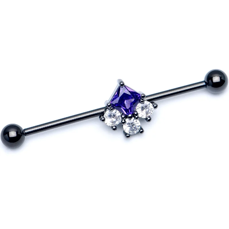 Women's Earrings – Elegant Designs for Every Personality--14 Gauge Clear Purple CZ Gem Black Rhombus Riot Industrial Barbell 38mm