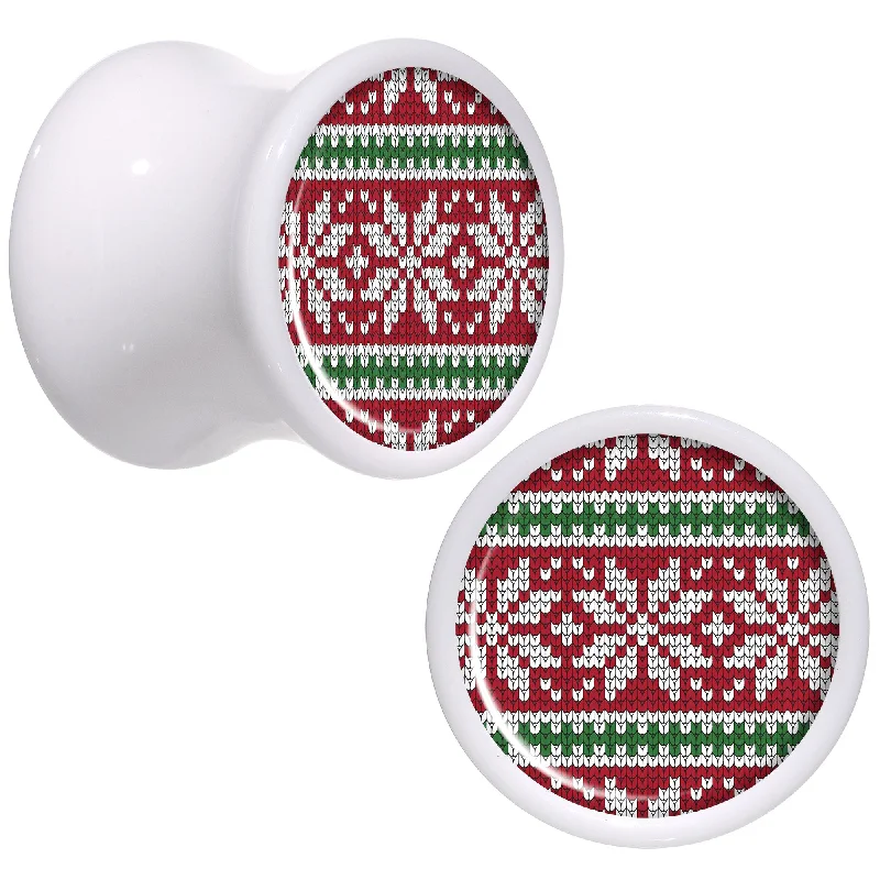 Women's Earrings – Elegant Designs for Every Personality--Red Green Christmas Sweater White Acrylic Saddle Plug Set Sizes 5mm to 20mm Women's Earrings – Elegant Designs for Every Personality--Red Green Christmas Sweater White Acrylic Saddle Plug Set Sizes 5mm to 20mm