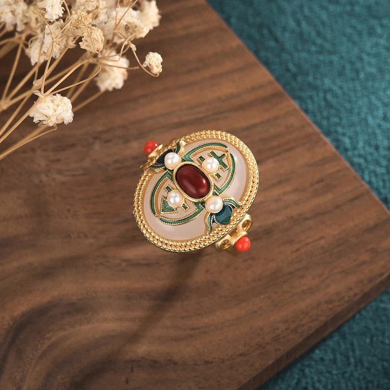 Chic Women's Rings for Fashion-Forward Looks-Buddha Stones White Jade Red Agate Happiness Luck Ring Chic Women's Rings for Fashion-Forward Looks-Buddha Stones White Jade Red Agate Happiness Luck Ring