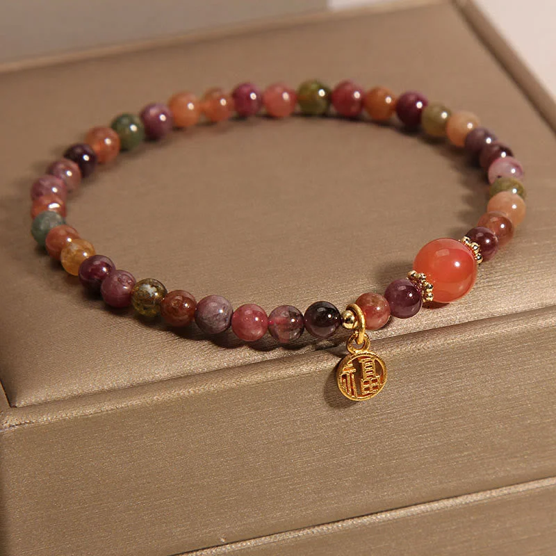 Adjustable Gemstone Bangles for Women-Buddha Stones Natural Colorful Tourmaline Fu Character Love Bracelet Adjustable Gemstone Bangles for Women-Buddha Stones Natural Colorful Tourmaline Fu Character Love Bracelet