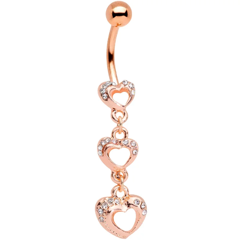Belly Rings for Bold Looks -Clear Gem Rose Gold Tone Hanging Hearts Dangle Belly Ring Belly Rings for Bold Looks -Clear Gem Rose Gold Tone Hanging Hearts Dangle Belly Ring