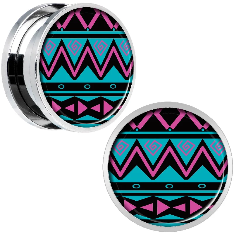 Women's Earrings – Elegant Designs for Every Personality--Pink Teal Tribal Print Steel Screw Fit Plug Set 18mm Women's Earrings – Elegant Designs for Every Personality--Pink Teal Tribal Print Steel Screw Fit Plug Set 18mm