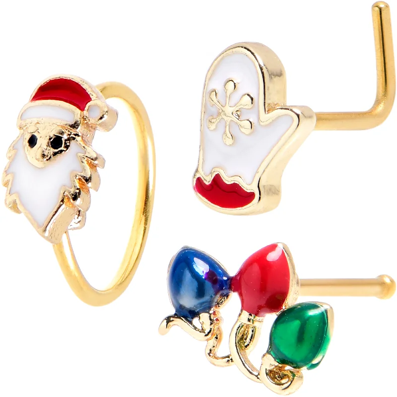 Nose Rings with Charms -20 Gauge Gold Tone Santa Mitten Lights Nose Bone Hoop Set of 3 Nose Rings with Charms -20 Gauge Gold Tone Santa Mitten Lights Nose Bone Hoop Set of 3