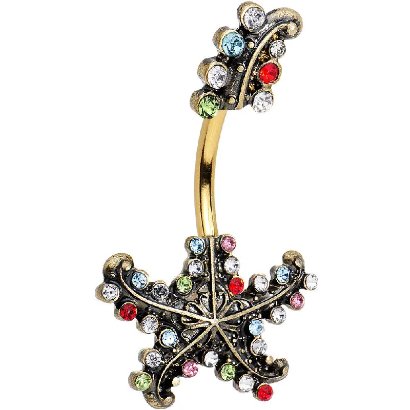 Trendy Belly Rings for Everyday Fashion -Multicolor Gem Gold PVD Seeing Starfish Double Mount Belly Ring Trendy Belly Rings for Everyday Fashion -Multicolor Gem Gold PVD Seeing Starfish Double Mount Belly Ring
