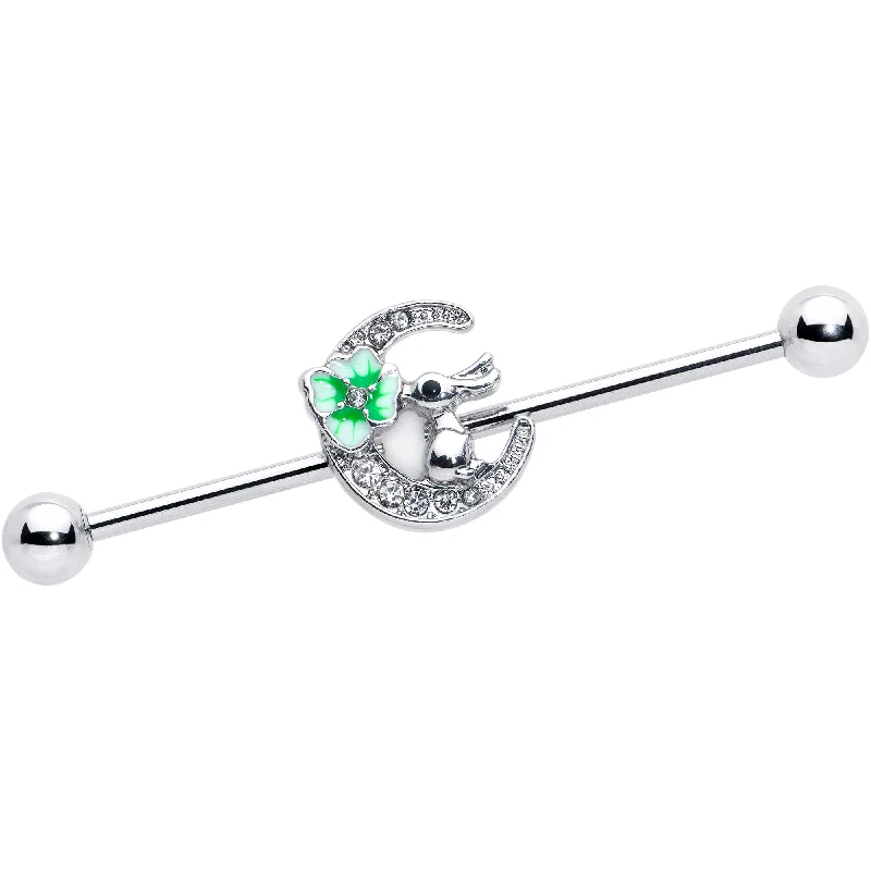 Women's Earrings – Elegant Designs for Every Personality--14 Gauge Clear Gem Rabbit On Moon Flower Industrial Barbell 38mm