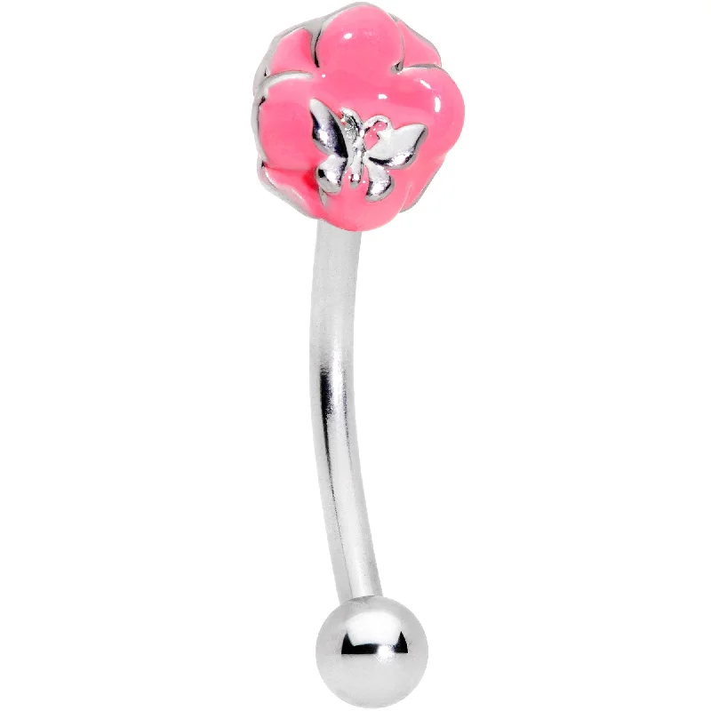 Women's Earrings – Elegant Designs for Every Personality--16 Gauge 3/8 Pink Flower Resting Butterfly Curved Eyebrow Ring