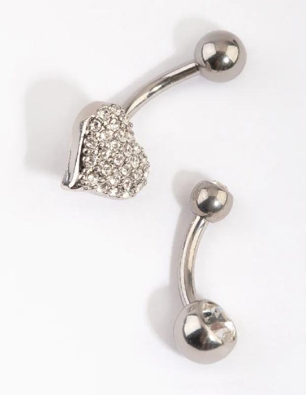 Stunning Belly Rings for Trendy Looks -Rhodium Heart & Diamante Belly Ring Set
