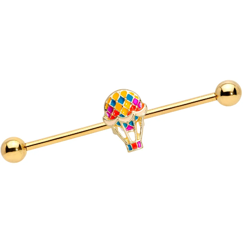 Women's Earrings – Elegant Designs for Every Personality--14 Gauge Gold Tone Red Yellow Hot Air Balloon Industrial Barbell 38mm