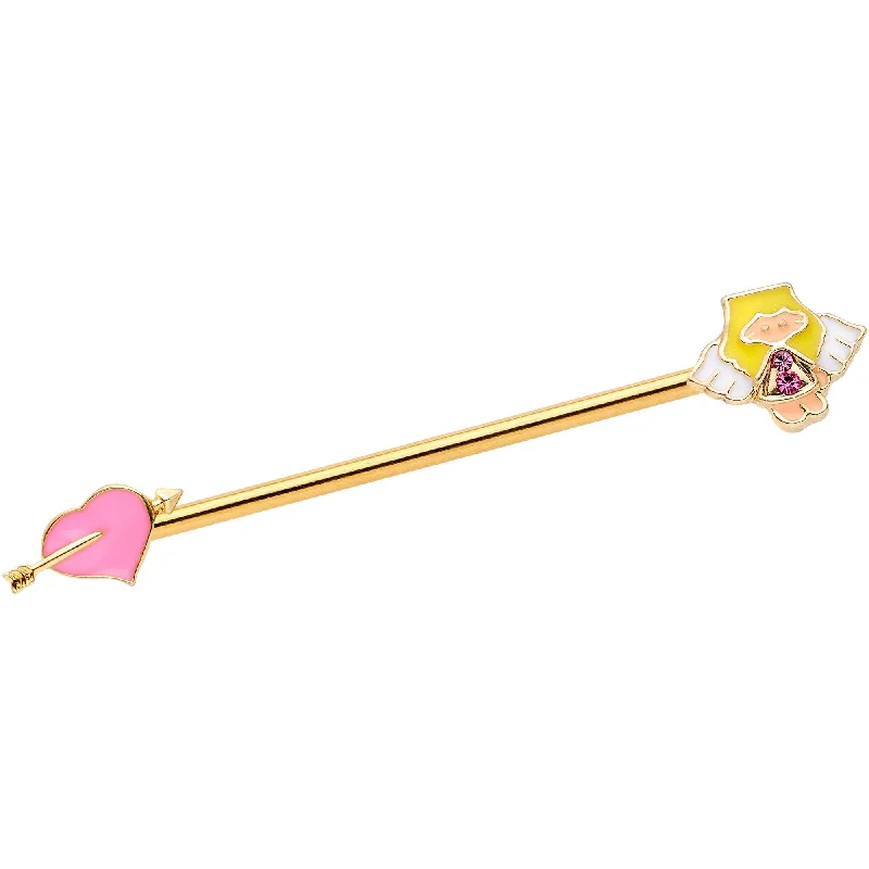 Women's Earrings – Elegant Designs for Every Personality--14 Gauge Pink Gem Gold Tone Cupid Industrial Barbell 38mm