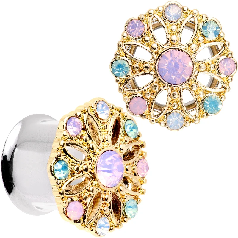 Women's Earrings – Elegant Designs for Every Personality--1/2 Pink Green White Gem Glam Flower Double Flare Tunnel Plug Set