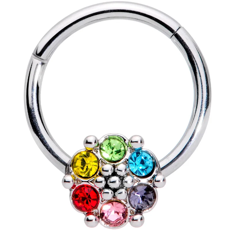 Elegant Lip Rings for Refined Style16 Gauge 3/8 Multicolor Gem Rainbow Flower Hinged Segment Ring