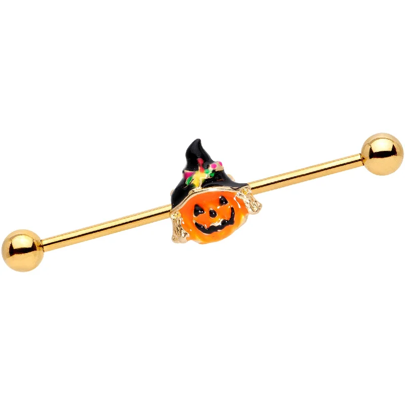 Women's Earrings – Elegant Designs for Every Personality--14 Gauge Gold Tone Halloween Jack O Lantern Industrial Barbell 38mm