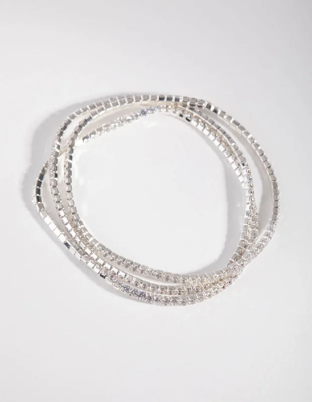 Simple Metal Bangles for Women-Silver Fine Cupchain Pack Stretch Bracelets