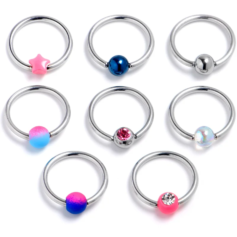 Fashionable Lip Rings for All Occasions16 Gauge 3/8 Pink Clear Gem Multi Purple Blue BCR Captive Ring Set of 8