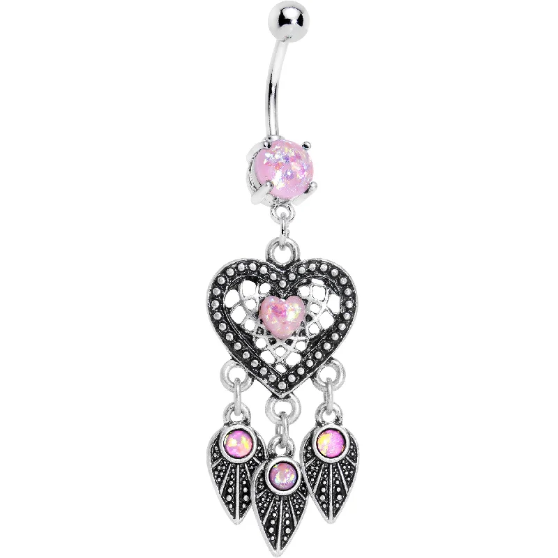 Custom Belly Rings for Personal Flair -Pink Faux Opal Have a Heart Dreamcatcher Dangle Belly Ring Custom Belly Rings for Personal Flair -Pink Faux Opal Have a Heart Dreamcatcher Dangle Belly Ring