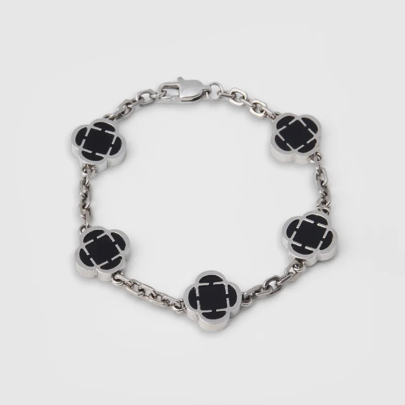 Stylish Rope Bracelets for Men-Onyx Clover Stone Bracelet (Silver)