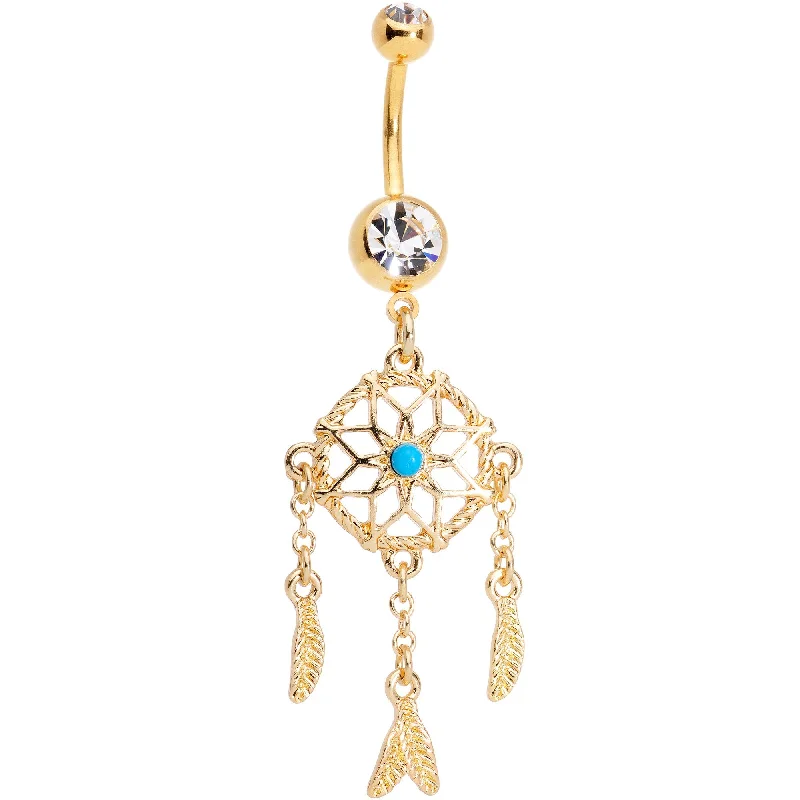 Comfortable Belly Rings for Stylish Piercings -Clear Gem Turquoise Gold Tone Feather Flower Dreamcatcher Belly Ring Comfortable Belly Rings for Stylish Piercings -Clear Gem Turquoise Gold Tone Feather Flower Dreamcatcher Belly Ring