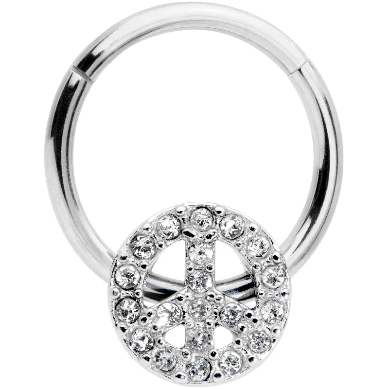 Comfortable Lip Rings for a Fashionable Look16 Gauge 3/8 Clear Gem Retro Peace Sign Hinged Segment Ring