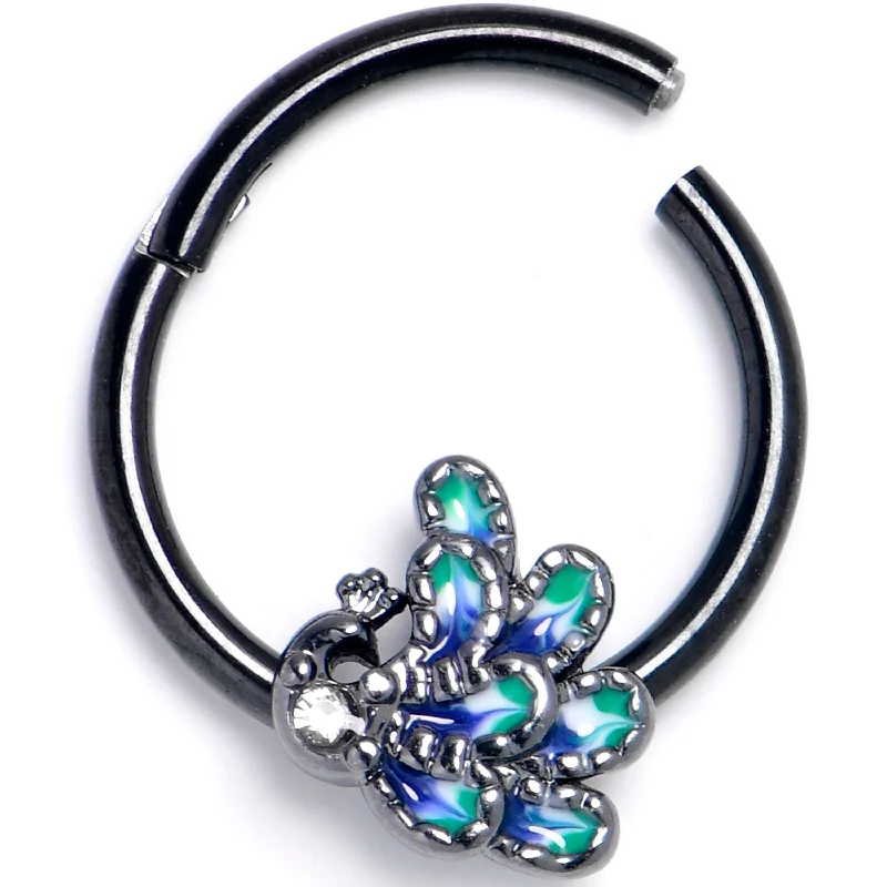 Comfortable Silver Nose Rings -16 Gauge 3/8 Clear Gem Black Peacock Green Hinged Segment Ring Comfortable Silver Nose Rings -16 Gauge 3/8 Clear Gem Black Peacock Green Hinged Segment Ring