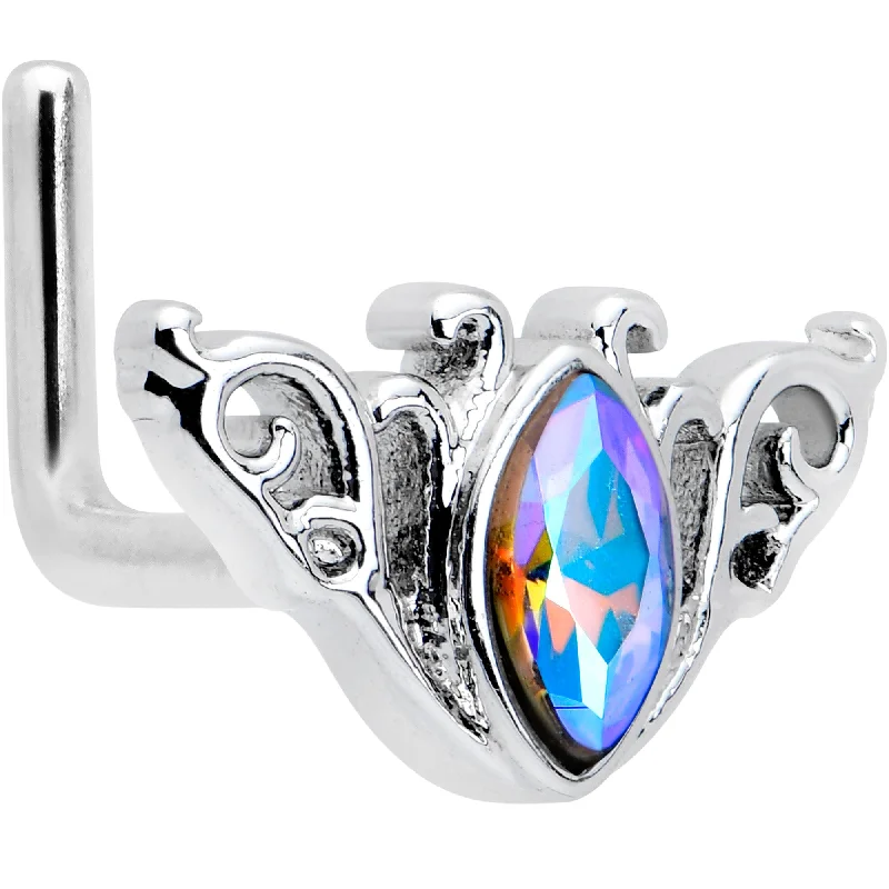 Nose Rings for Evening Wear -20 Gauge 7mm Aurora Gem Deco Waves L Shape Nose Ring