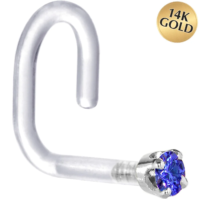 Diamond Nose Rings -18 Gauge 1/4 White Gold 1.5mm Blue Cubic Zirconia Bioplast Nose Ring Diamond Nose Rings -18 Gauge 1/4 White Gold 1.5mm Blue Cubic Zirconia Bioplast Nose Ring