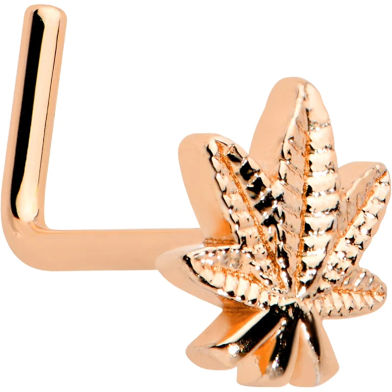 Stylish Designer Nose Rings -20 Gauge 1/4 Rose Gold Tone Texture Pot Leaf L Shape Nose Ring Stylish Designer Nose Rings -20 Gauge 1/4 Rose Gold Tone Texture Pot Leaf L Shape Nose Ring