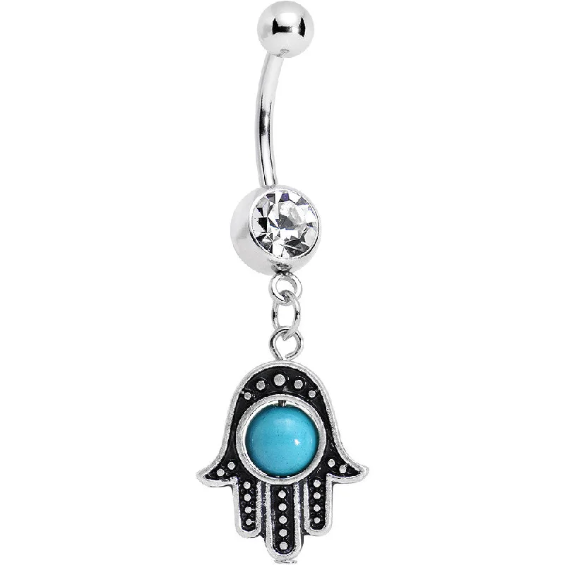 Belly Rings with Unique Shape Designs -Clear Gem Aqua Orb Hamsa Hand Dangle Belly Ring Belly Rings with Unique Shape Designs -Clear Gem Aqua Orb Hamsa Hand Dangle Belly Ring