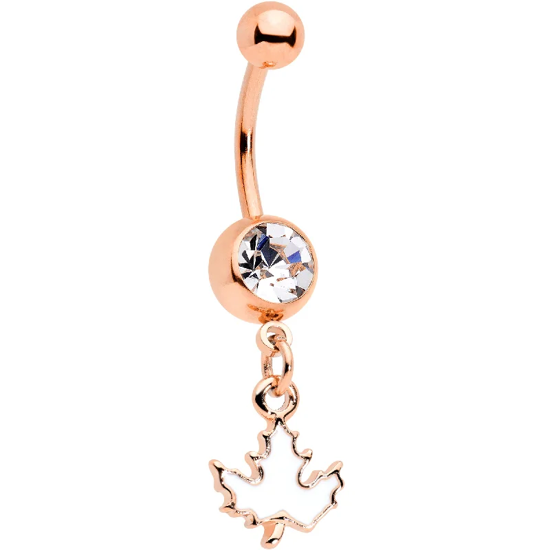 Designer Belly Rings for Dazzling Effect -Clear Gem Rose Gold Tone Autumn White Maple Leaf Dangle Belly Ring Designer Belly Rings for Dazzling Effect -Clear Gem Rose Gold Tone Autumn White Maple Leaf Dangle Belly Ring