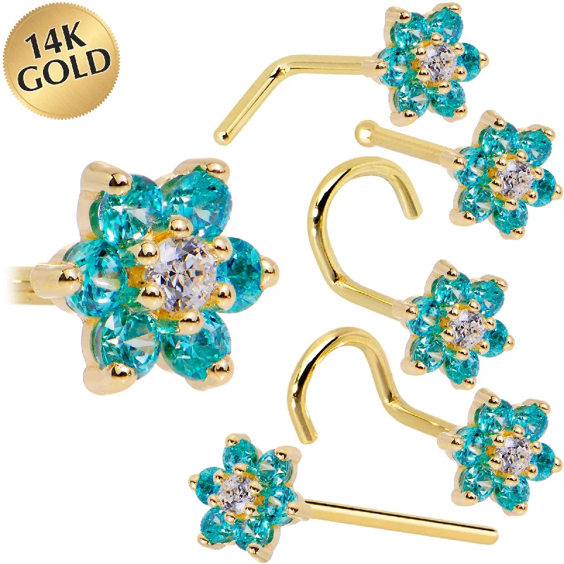 Nose Rings for Professional Look -Solid 14KT Yellow Gold Mint Green and Clear Cubic Zirconia Flower Nose Ring Nose Rings for Professional Look -Solid 14KT Yellow Gold Mint Green and Clear Cubic Zirconia Flower Nose Ring