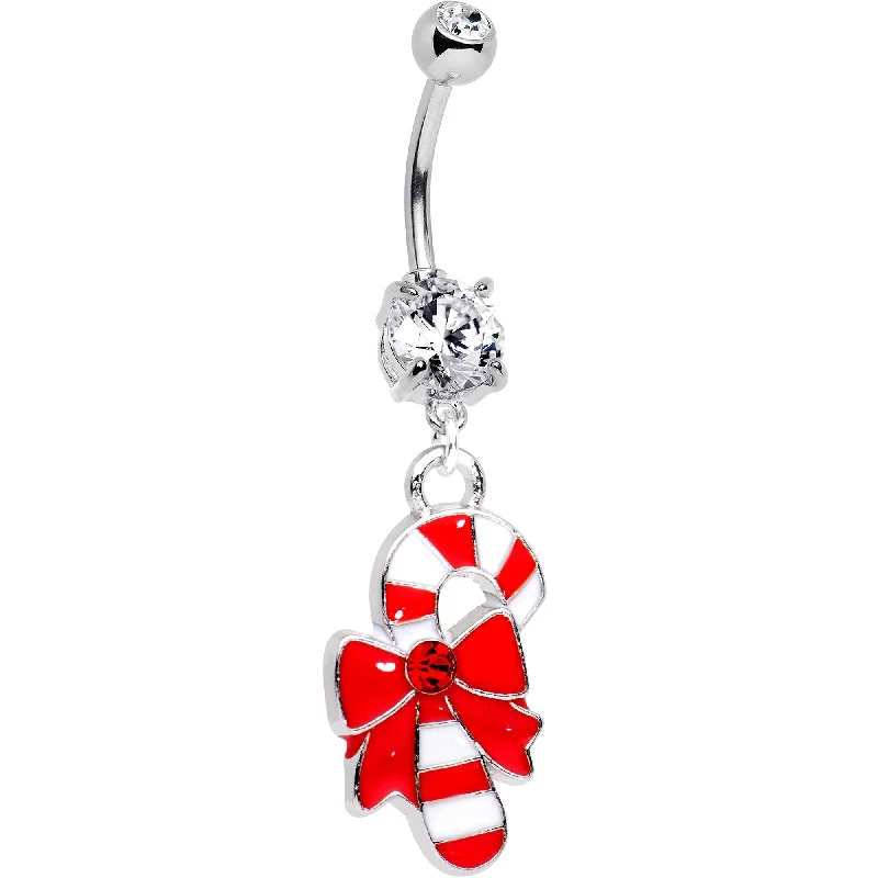 Belly Rings with Shiny Accents for Extra Glam -Clear Red CZ Gem Bow Candy Cane Dangle Belly Ring Belly Rings with Shiny Accents for Extra Glam -Clear Red CZ Gem Bow Candy Cane Dangle Belly Ring