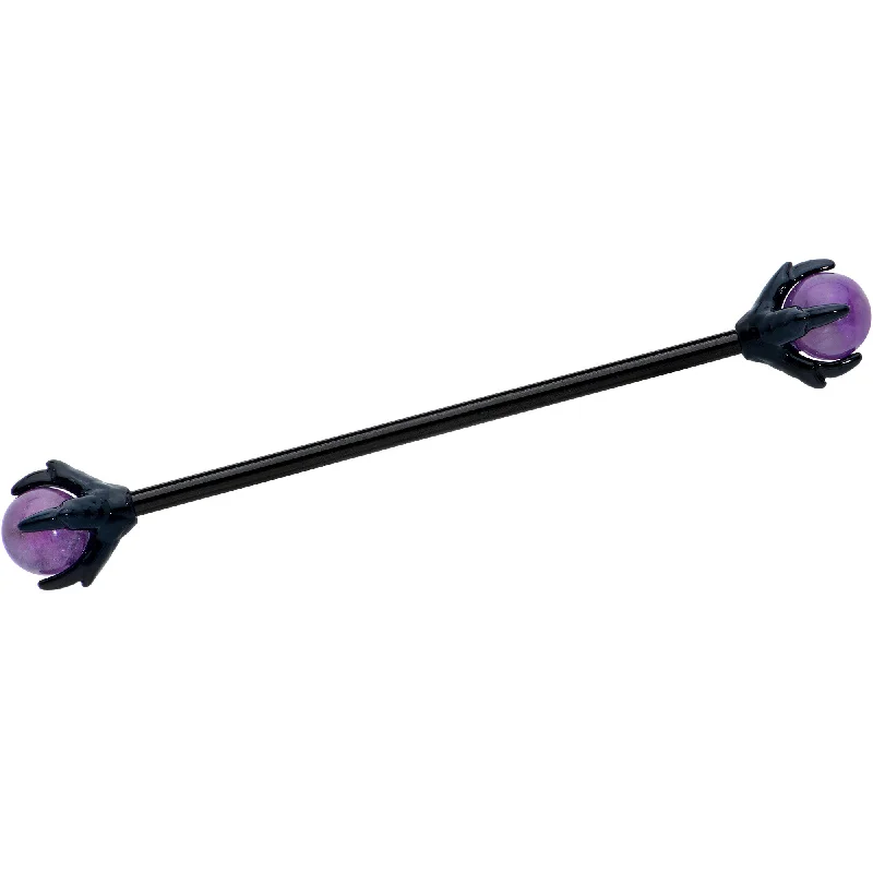 Women's Earrings – Elegant Designs for Every Personality--14 Gauge Purple Amethyst Black Skeleton Hand Industrial Barbell 38mm