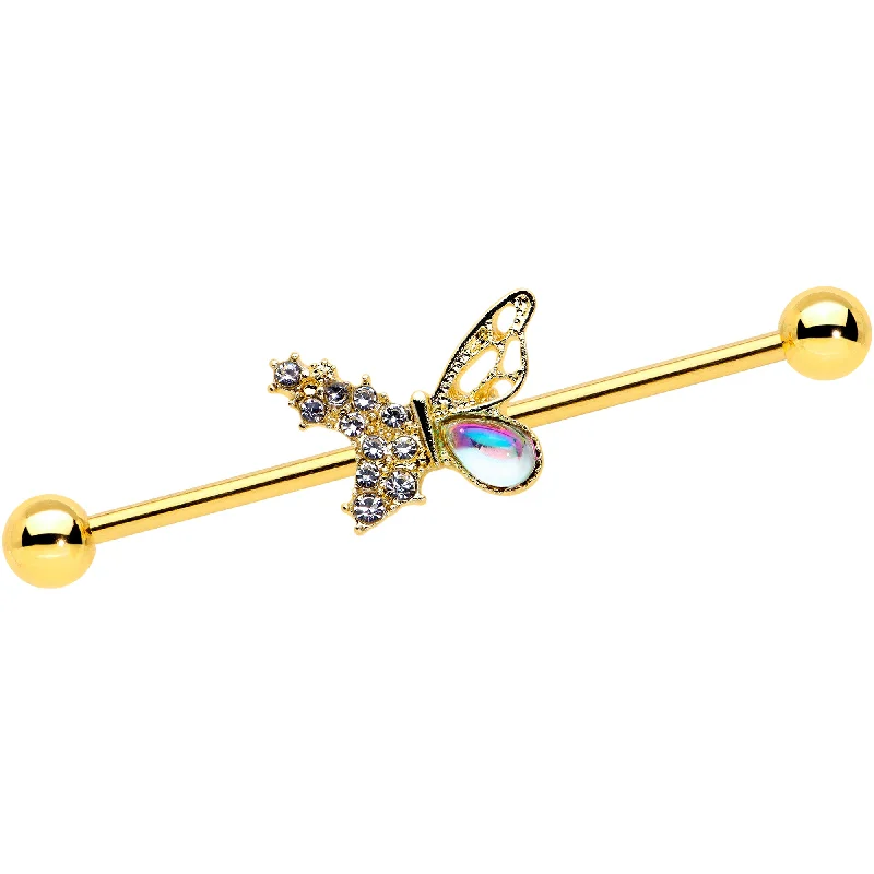 Women's Earrings – Elegant Designs for Every Personality--14 Gauge Clear Gem Gold Tone Glam Butterfly Industrial Barbell 38mm