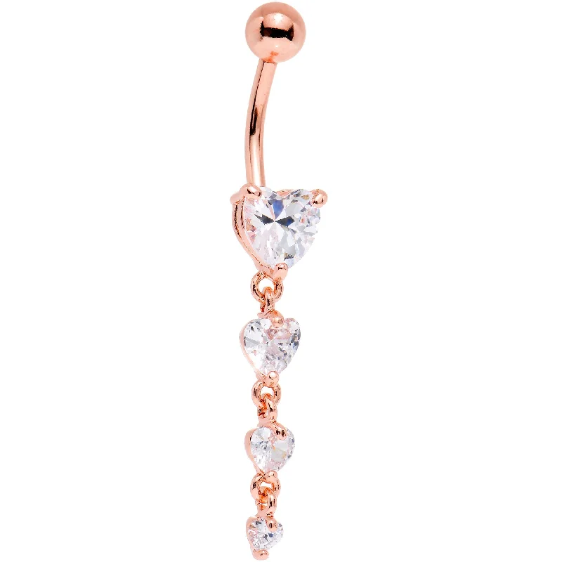 Designer Belly Rings for Elegant Style -Clear Gem Rose Gold PVD Stunning Heart Strand Dangle Belly Ring