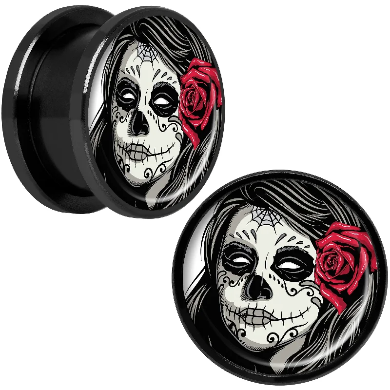 Women's Earrings – Elegant Designs for Every Personality--Katrina Sugar Skull with Rose Flower Black Anodized Screw Fit Plug Set 5/8 Women's Earrings – Elegant Designs for Every Personality--Katrina Sugar Skull with Rose Flower Black Anodized Screw Fit Plug Set 5/8