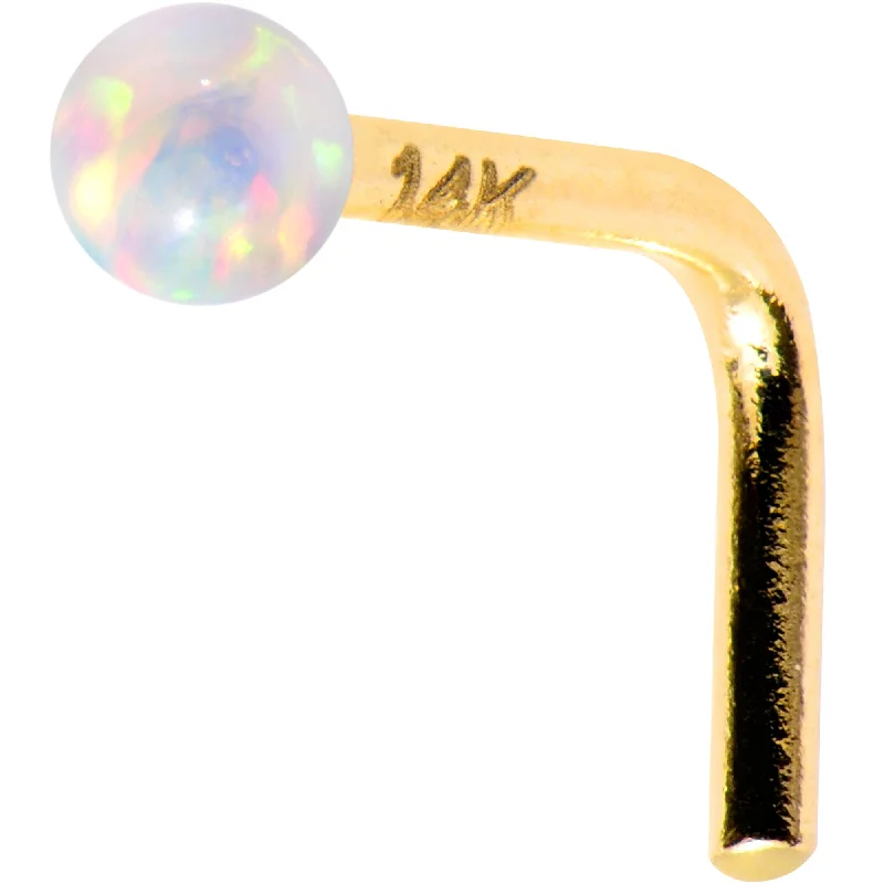 Trendy and Comfortable Nose Rings for Women -1/4 14kt Yellow Gold White 2mm Synthetic Opal Ball L Shaped Nose Ring Trendy and Comfortable Nose Rings for Women -1/4 14kt Yellow Gold White 2mm Synthetic Opal Ball L Shaped Nose Ring