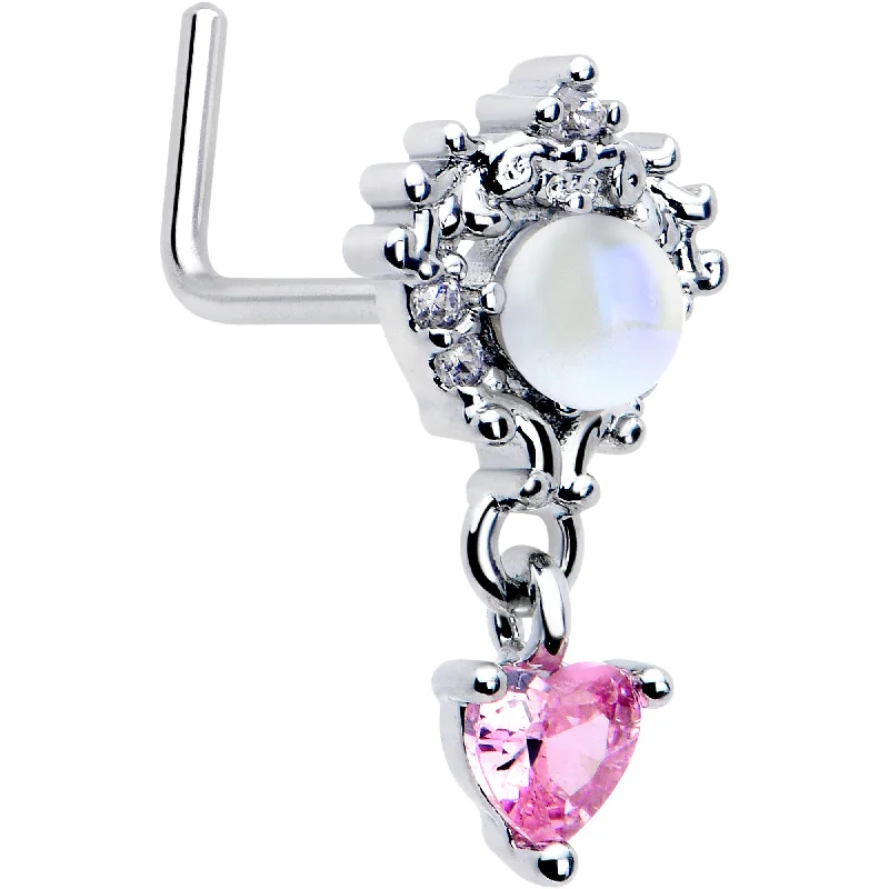 Colored Nose Rings -20 Gauge 7mm Pink CZ Gem Heart Mystique Dangle L Shape Nose Ring Colored Nose Rings -20 Gauge 7mm Pink CZ Gem Heart Mystique Dangle L Shape Nose Ring