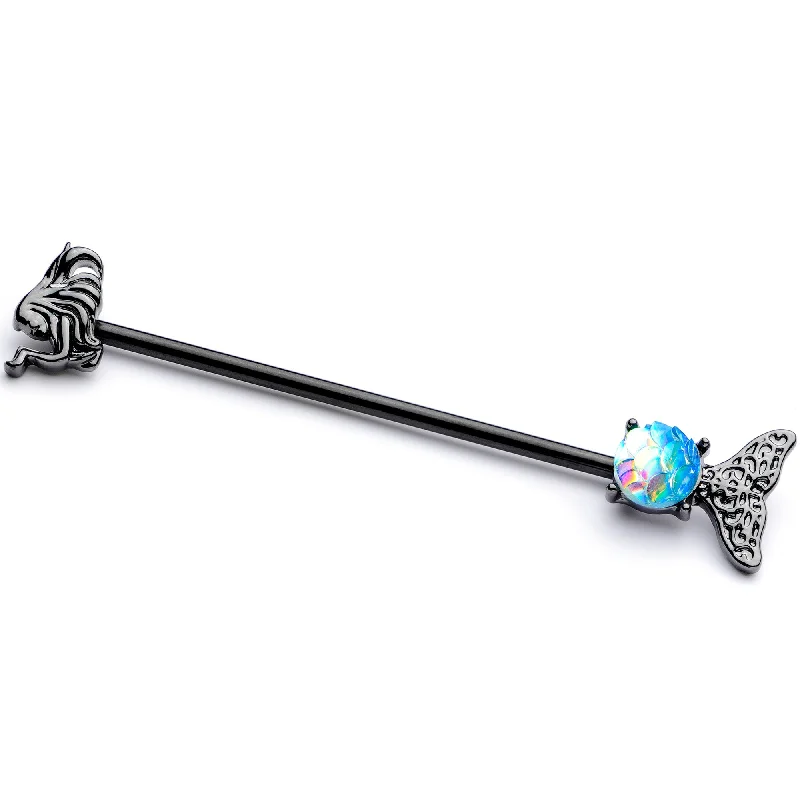 Women's Earrings – Elegant Designs for Every Personality--14 Gauge Black Blue Mermaid Scale Tail Industrial Barbell 38mm