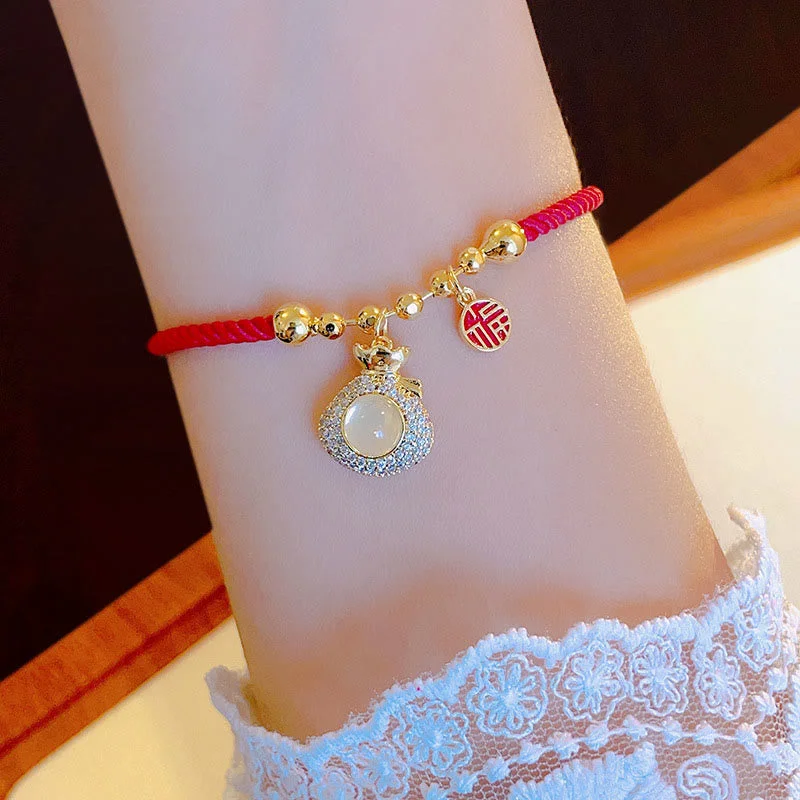 Bangles with Simple Detailing for Women-Buddha Stones Red String Fu Character Treasure Money Bag Year Of The Snake Protection Braided Bracelet Bangles with Simple Detailing for Women-Buddha Stones Red String Fu Character Treasure Money Bag Year Of The Snake Protection Braided Bracelet