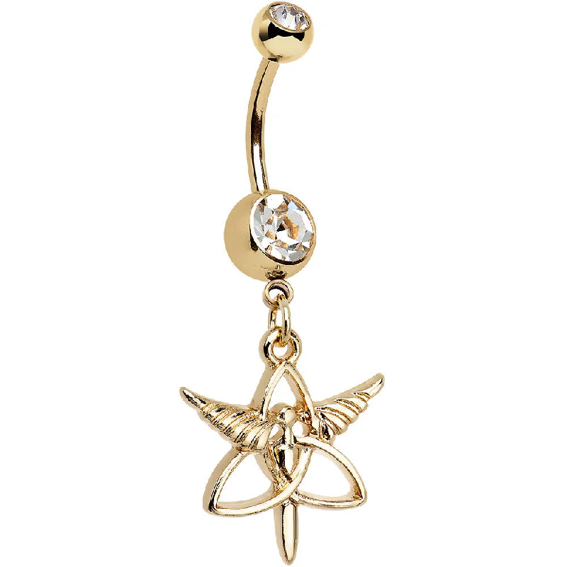 Trendy Belly Rings for Creative Designs -Clear Gem Gold Anodized Heroic Heralds Staff Trinity Dangle Belly Ring Trendy Belly Rings for Creative Designs -Clear Gem Gold Anodized Heroic Heralds Staff Trinity Dangle Belly Ring