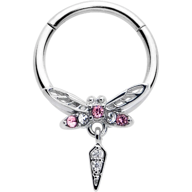 Women's Earrings – Elegant Designs for Every Personality--16 Gauge 3/8 Pink Gem Swank Dragonfly Dangle Hinged Segment Ring