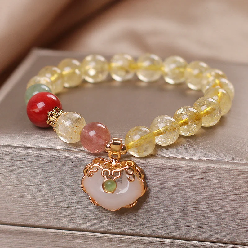 Women's Bangles for Everyday Wear-Buddha Stones Natural Citrine White Jade Strawberry Quartz Protection Charm Bracelet Women's Bangles for Everyday Wear-Buddha Stones Natural Citrine White Jade Strawberry Quartz Protection Charm Bracelet