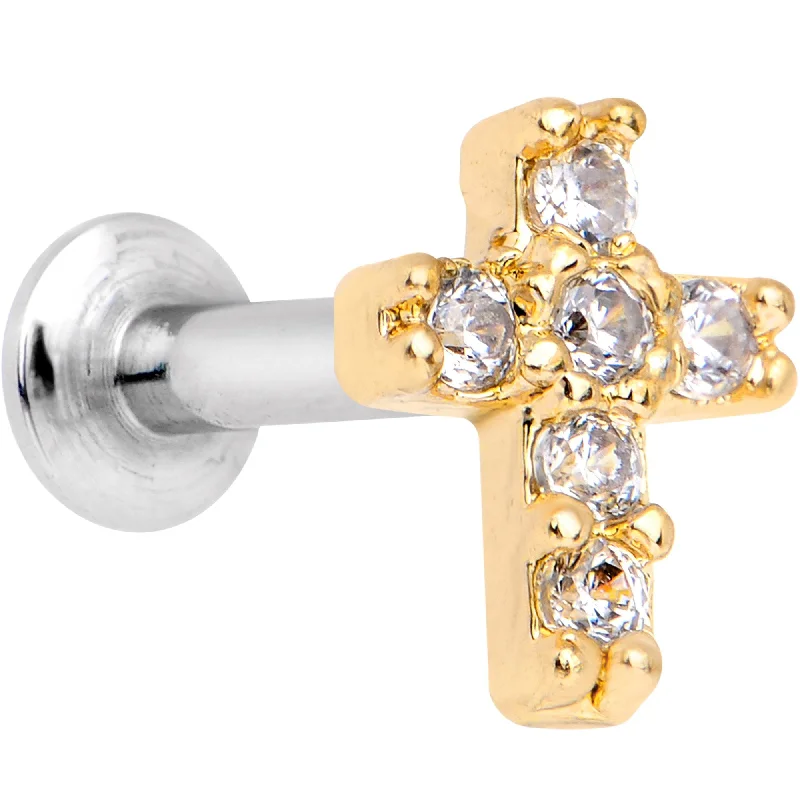 Unique Lip Rings with Contemporary Designs1/4 Clear CZ Internally Threaded Gold Tone Cross Labret Monroe