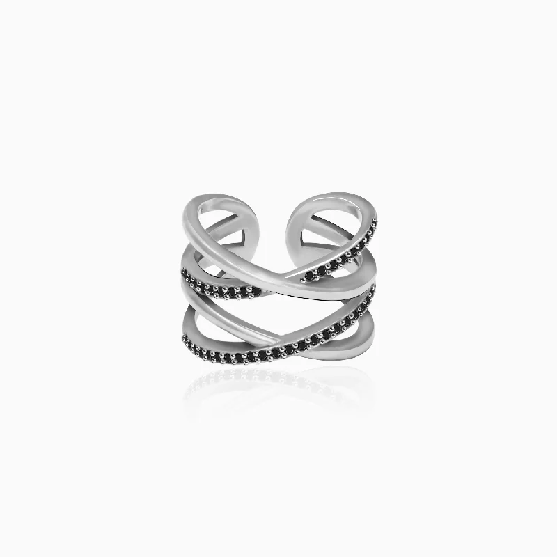Chic Women's Rings for Fashion-Forward Looks-Silver Weave Black Zircon Ring